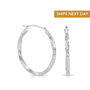 10K White Gold Twisted Classic Hoop Earrings, Diamond-Cut Round Hoops, Solid White Gold Shiny Hoops, Handmade With Love, By TILO Jewelry