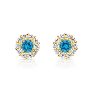 14k Solid Yellow Gold CZ Halo Stud Earrings, Screw Back, December Birthstone Blue Topaz, Children Earrings, Geometric Studs, Tiny Studs