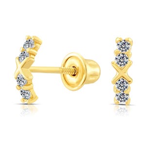 10K Yellow Gold Tiny XO Hugs & Kisses Stud Earrings, With Simulated Diamond and Secure Screw-Backs, Cute Small Studs, By TILO Jewelry