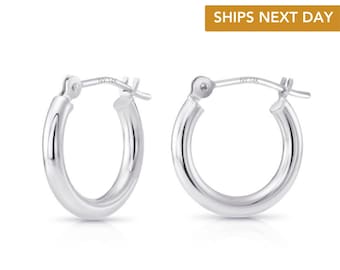Solid 14K Gold Hoop Earrings, 14 Karat White Gold Round Classic Hoops, 13mm (0.5 Inch) Small Size Hoops, Made By TILO Jewelry
