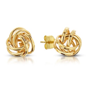 14k Gold Love Knot Stud Earrings with Engraved Details, Handmade Jewelry Gift