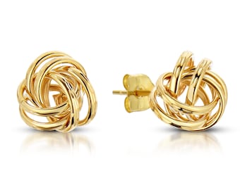 14k Gold Love Knot Stud Earrings with Engraved Details, Handmade Jewelry Gift