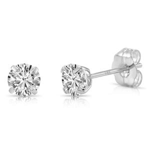 May include: A pair of diamond stud earrings. The earrings feature a round, brilliant-cut diamond set in a four-prong setting. The posts and backs are made of a shiny, silver-colored metal. The earrings are displayed on a white background.