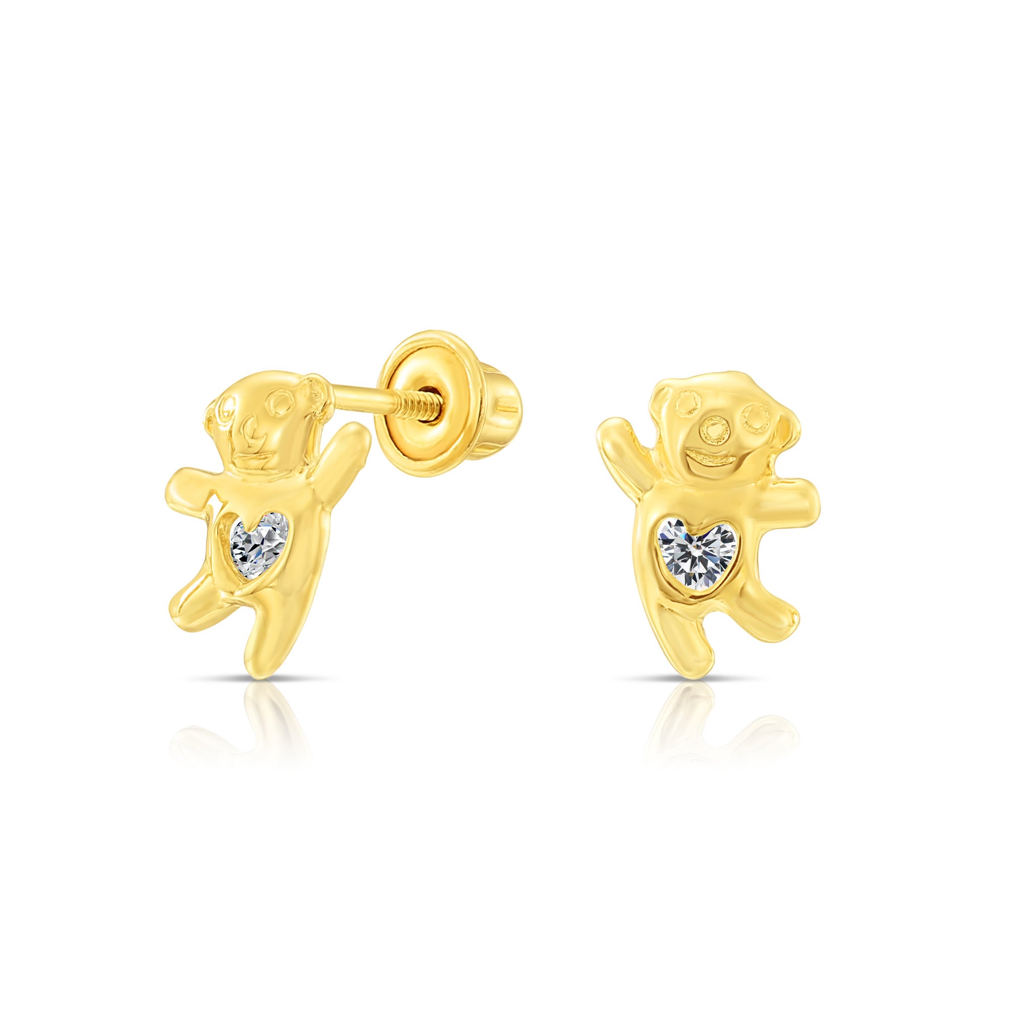 10k Yellow Gold Tiny Cute Dancing Bear Stud Earrings With | Etsy