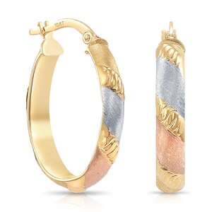 Solid 10K Yellow Gold Tri-Color Oval Hoop Earrings, With Secure Latch Back Closure, Italian Style Hoop Earrings, Chunky Bold Hoops