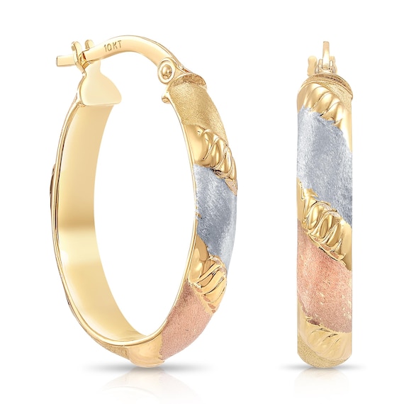 Solid 10K Yellow Gold Tri-Color Oval Hoop Earrings, With Secure Latch Back Closure, Italian Style Hoop Earrings, Chunky Bold Hoops