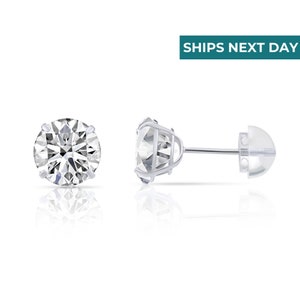 14K White Gold Basket Set Round CZ Stud Earrings, Silicone Push-back, Unisex, By TILO Jewelry