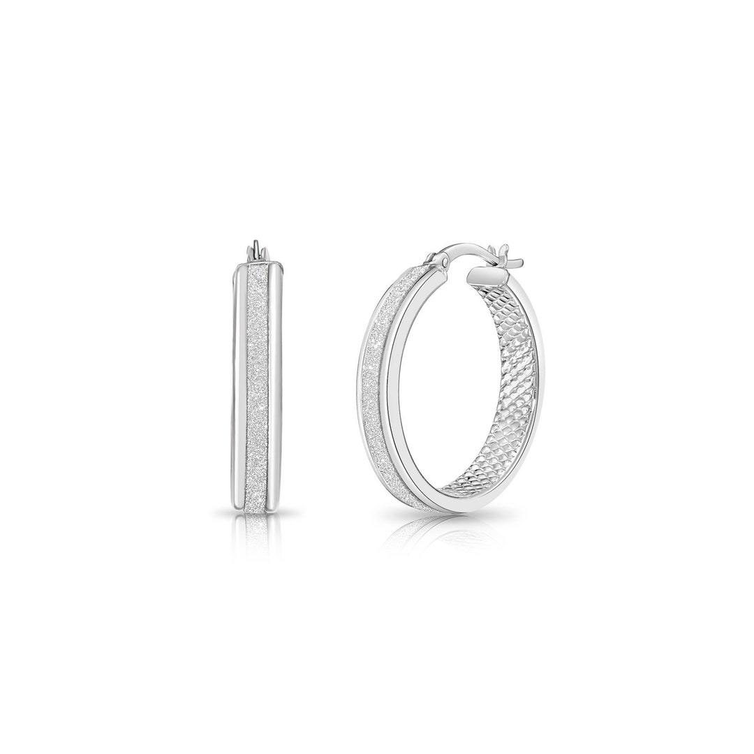Sterling Silver Glitter Hoop Earrings, Solid Silver Diaomondcut Inside
