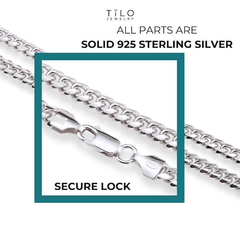 May include: A close-up of a silver chain necklace with a secure lock clasp. The text "ALL PARTS ARE SOLID 925 STERLING SILVER" is visible in the image.