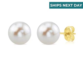 Pearl Studs in 14K Yellow Gold, Cute Earrings with Butterfly Pushbacks by Tilo Jewelry, Gift for Her, 5mm, 5.5mm, 6mm, 6.5mm, 7mm, 7.5mm