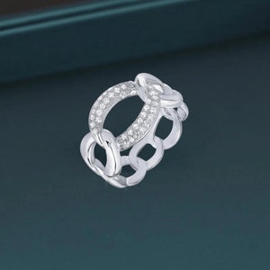 Open Circle Wide Curb Link Ring Cubic Zirconia Ring In .925 Sterling Silver Statement Band, Evening Band