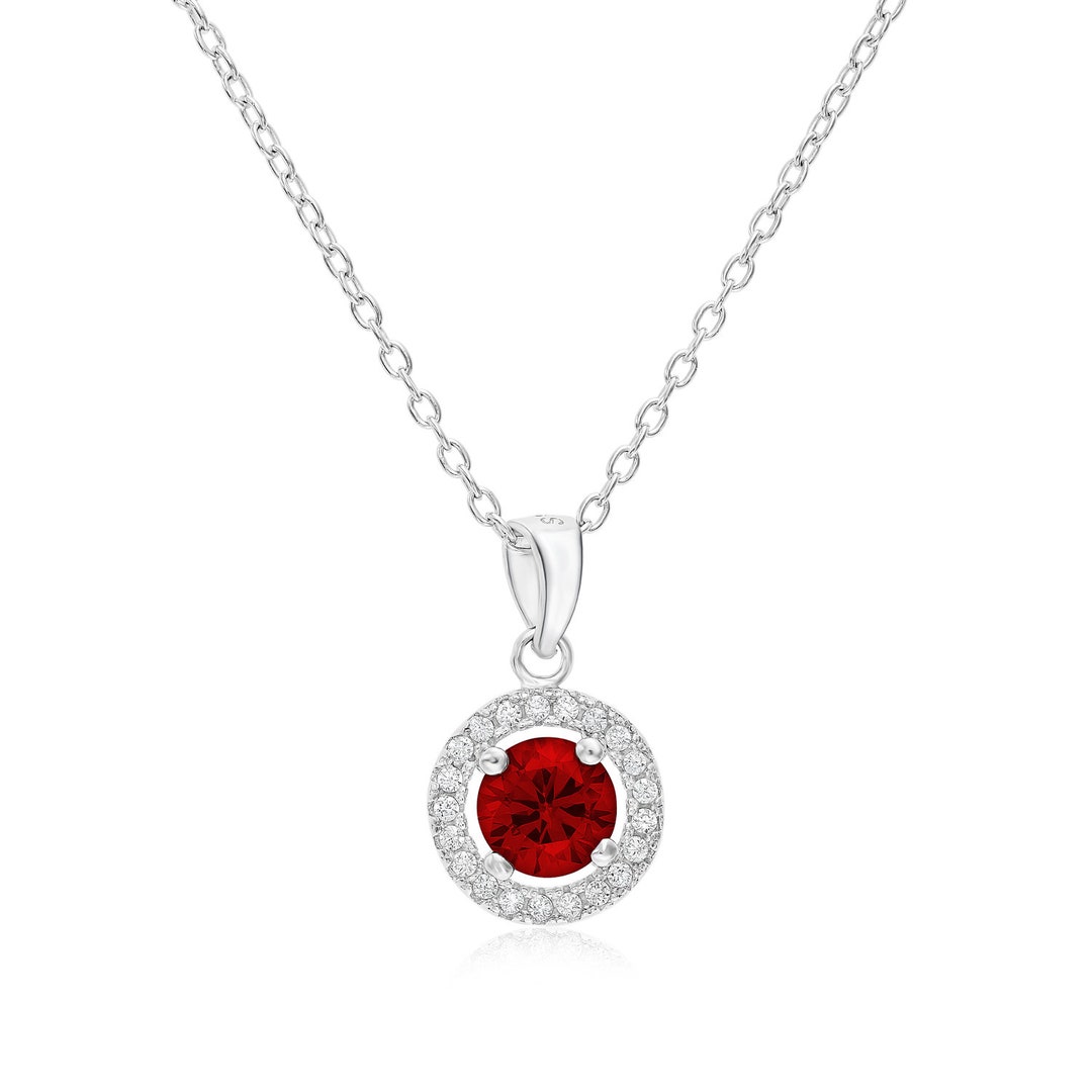 Round CZ Halo Necklace in Sterling Silver, Birthstone Charm Pendant ...