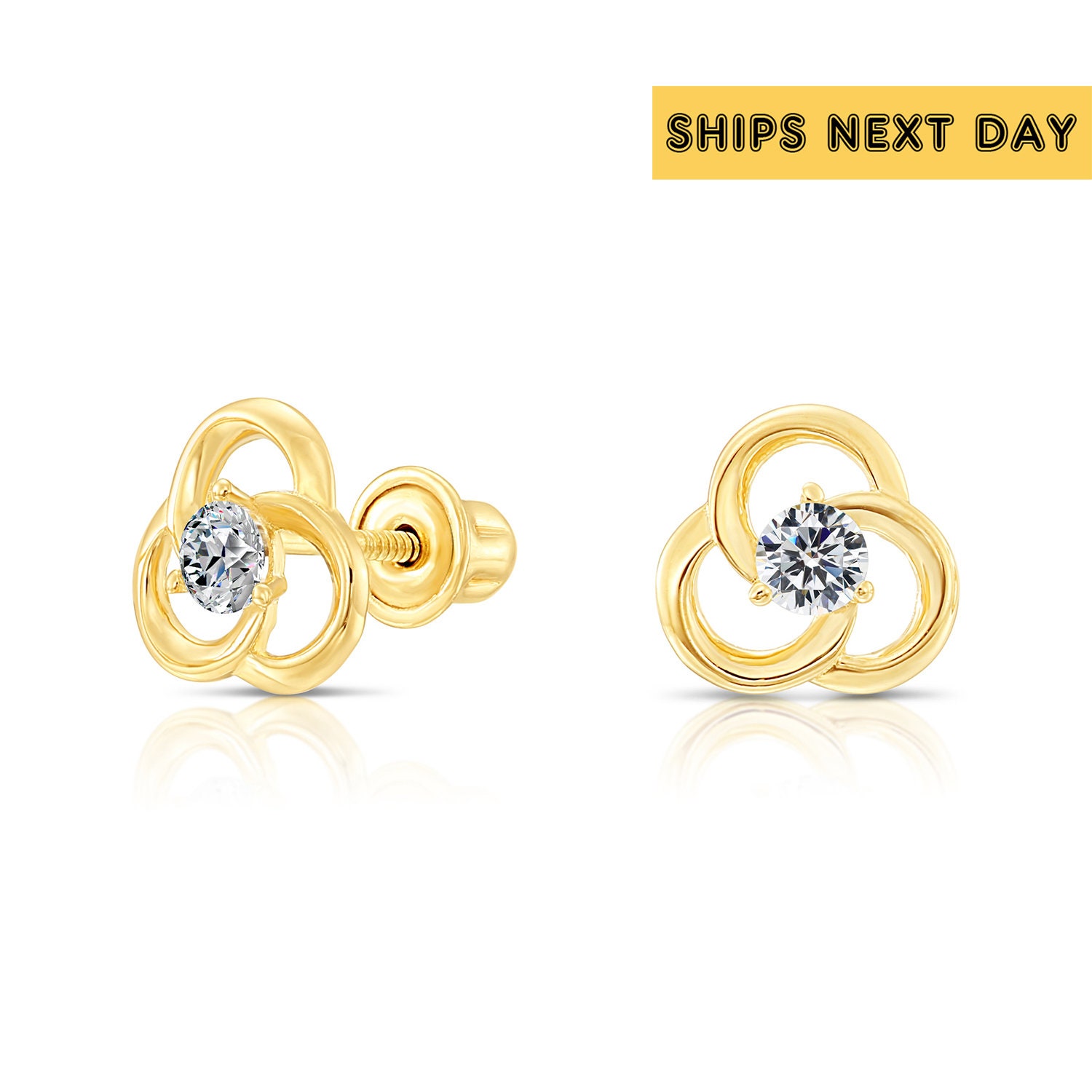 10k Yellow Gold Tiny Open Flower Stud Earrings With Sparkling