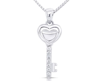 Key Necklace, Modern Key Pendant Necklace, Sterling Silver Necklace, CZ Key Necklace,  18 inch Necklace,