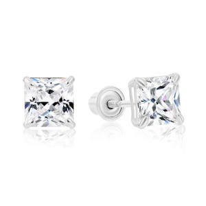 14k White Gold Square CZ Stud Earrings, Screw back Sleeper, Unisex, Princess-Cut Simulated "Diamond" Studs, By TILO Jewelry