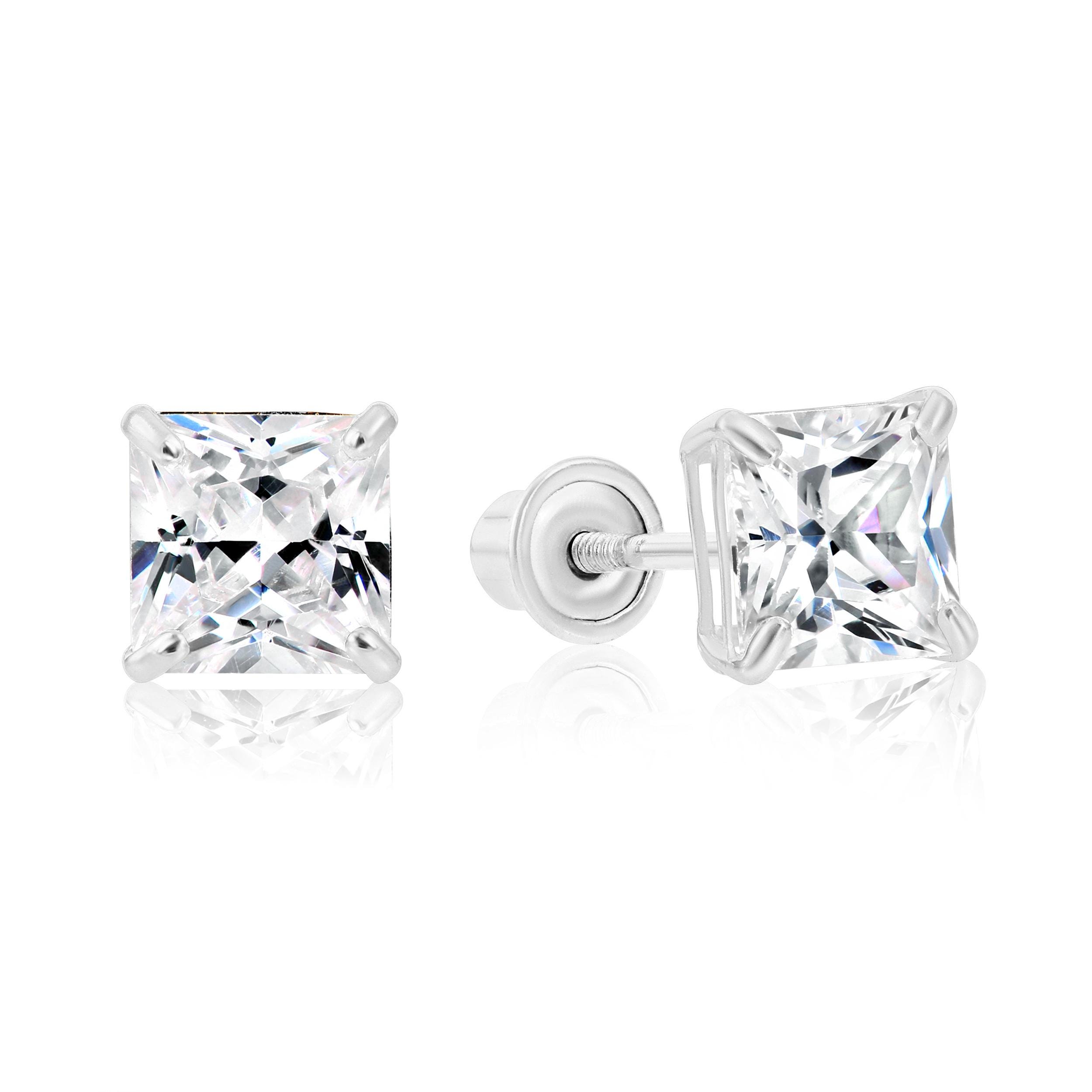 14k White Gold Square CZ Stud Earrings, Screw back Sleeper, Unisex, Princess-Cut Simulated "Diamond" Studs, By TILO Jewelry
