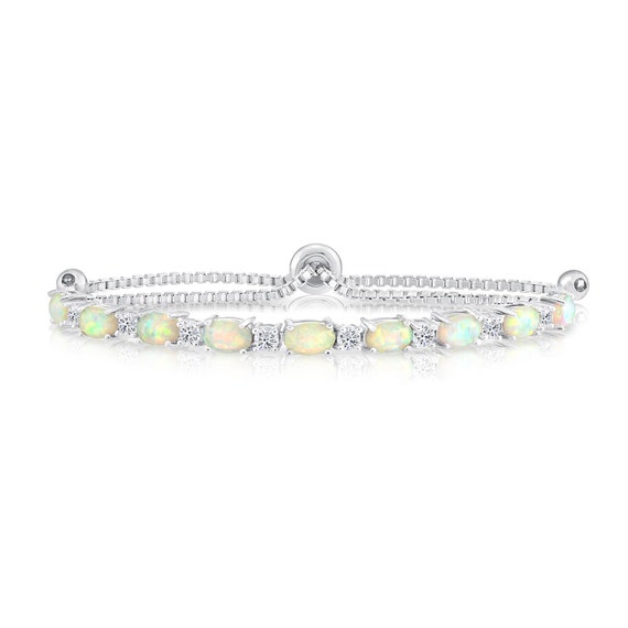 Sterling Silver Fire Opal Bracelet With Brilliant Cubic Zirconia Stones, Adjustable Simulated Opal Bracelet, 7-9 Inch, By TILO Jewelry
