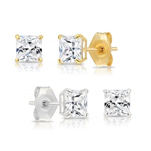 14K Gold Square Stud Earrings, Men's/Women's Jewelry, Gift For Him/Her, Princess-Cut CZ Push-back Studs, Unisex, By TILO Jewelry