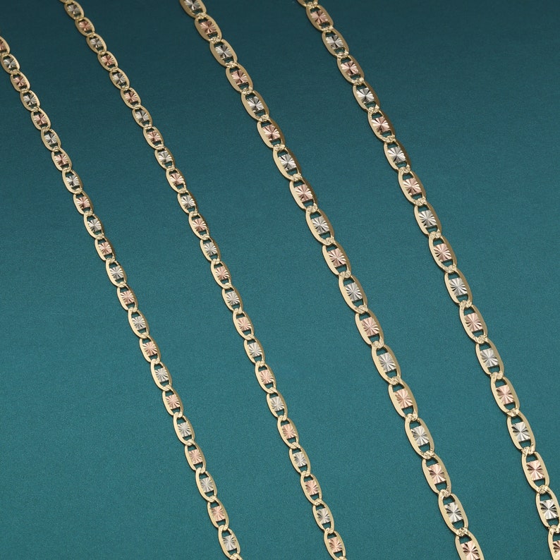 14K SOLID Gold Valentino Chain, Tri-Color Link Necklace, Made in Italy, Solid Yellow, White, And Rose Gold Chain, Unisex, 2.5mm - 3.5mm Thin image 5