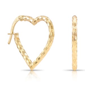 Solid 10K Yellow Gold Heart Shape Hoop Earrings, With Secure Lever Backs, Diamond-Cut Pattern, Italian Style Design, Made In Italy