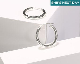 14K Gold Classic Hoop Earrings, Solid White Gold Chunky and Lightweight Shiny Hoops, 3mm Tube Thickness, Made by TILO Jewelry