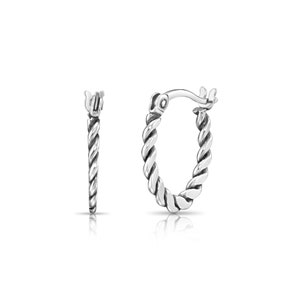 Dark Sterling Silver Twisted Hoops, Oval Shape Click-top Hoops, Trendy Earrings for Everyday
