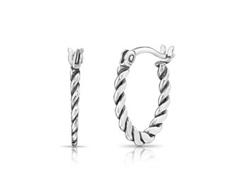 Dark Sterling Silver Twisted Hoops, Oval Shape Click-top Hoops, Trendy Earrings for Everyday