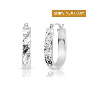 14k Solid White Gold Oval Hoop Earrings, , Hand Engraved "Tornado" Pattern, With Diamond-Cuts, U-Shape Hoops, By TILO Jewelry