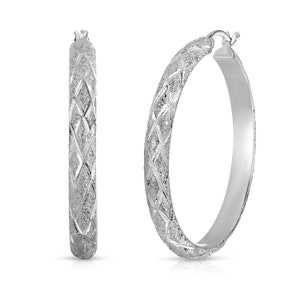 Brilliant Sterling Silver Half-round Diamond-cut Laser-cut Finish X-pattern Round Tubular Hoop Earrings, 35mm