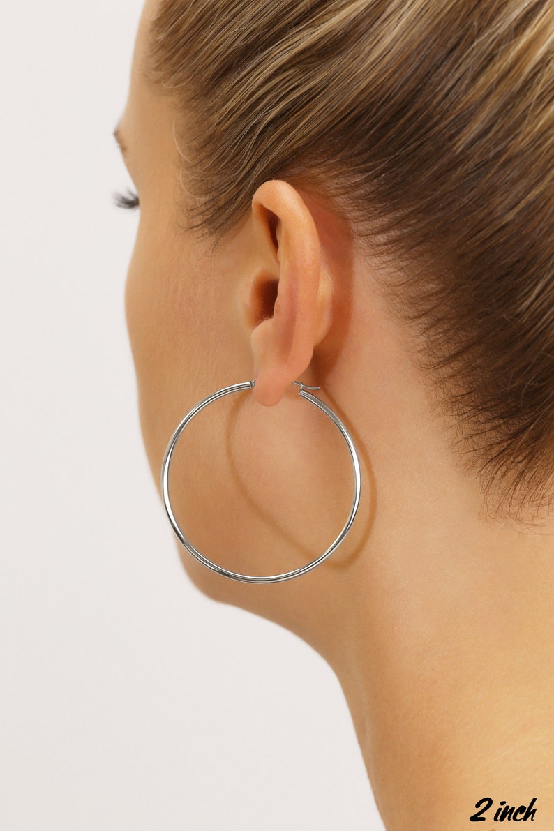 14K White Gold Round Hoop Earrings, Solid 14K Gold Hoops with a Classic Polished Finish, Available in all sizes and Handmade in the USA 51mm or 2