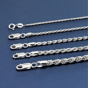 Sterling Silver Italian Rope Chains, Solid 925 Pure Silver with Strong Lobster Lock, Made in Italy, High Polished Rope Chain Necklace