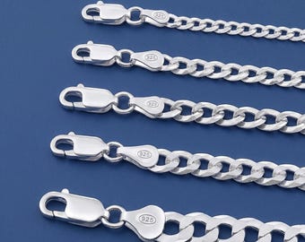Sterling Silver Curb Chain Necklace, Italian Solid Sterling Silver Chain, 3mm, 4mm, 5mm, 7.5mm, With Secure Lobster Lock