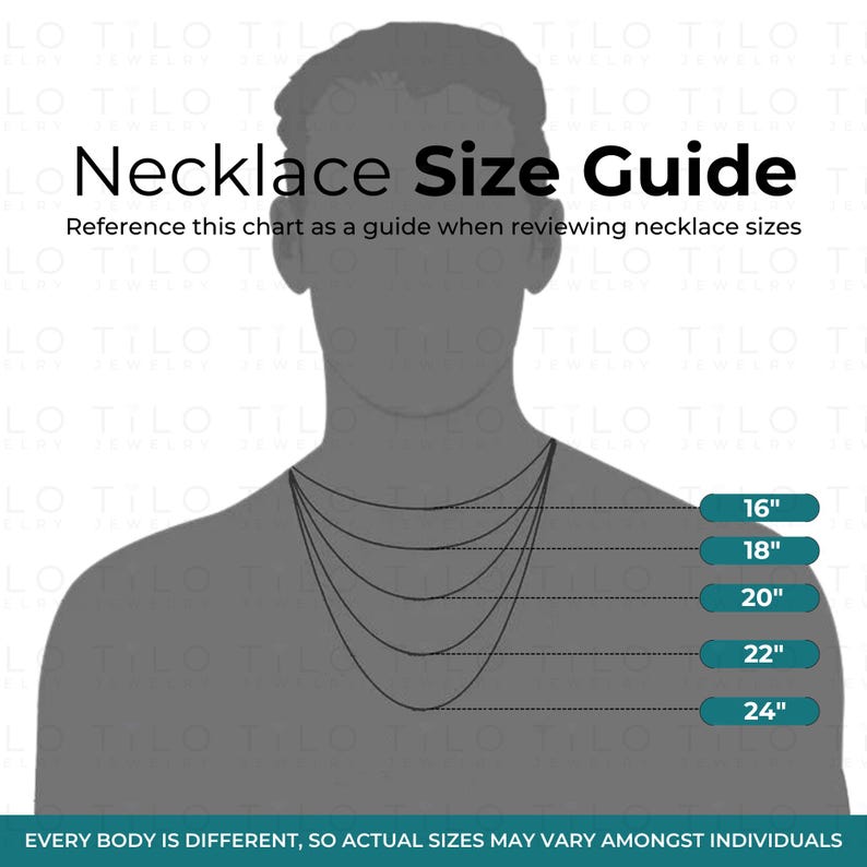 May include: A guide to necklace sizes, showing a silhouette of a person wearing necklaces of different lengths, from 16 inches to 24 inches. The text "Necklace Size Guide" is at the top of the image, and the text "Reference this chart as a guide when reviewing necklace sizes" is below it.