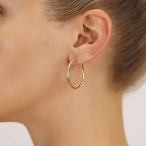 14K Gold Round Hoop Earrings, Solid Yellow Gold Shiny Hoops, Classic Jewelry Handmade with Love 30mm or 1.2 inch