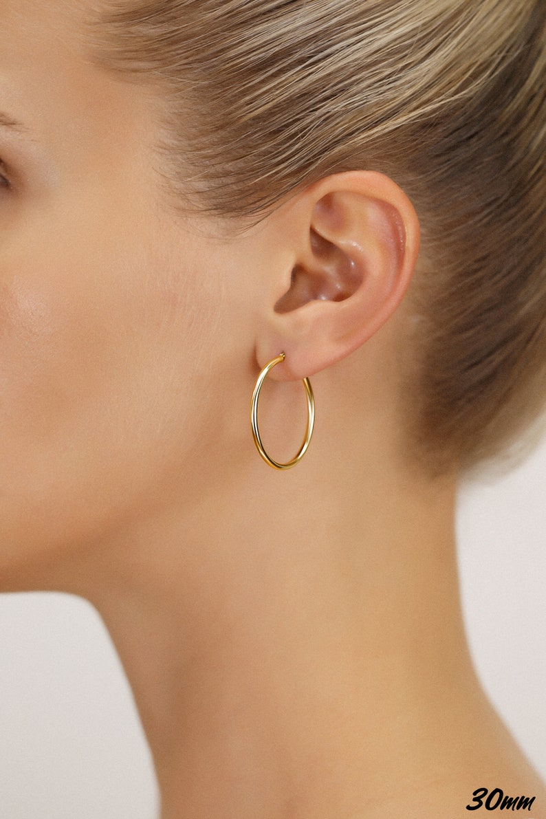 14K Gold Round Hoop Earrings, Solid Yellow Gold Shiny Hoops, Classic Jewelry Handmade with Love 30mm or 1.2 inch
