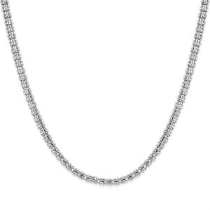May include: A silver-toned chain necklace featuring a double-row design of small, textured, rectangular links. The metallic links are arranged in a continuous, uniform pattern, creating a structured and reflective appearance throughout the entire length.
