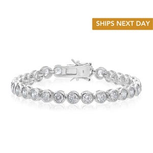 Classic Bezel Set Simulated Diamond Tennis Bracelet in Sterling Silver, Available in 5 sizes, 7 inch Bracelet, By TILO Jewelry