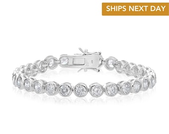 Sterling Silver Classic Bezel Set Simulated Diamond Tennis Bracelet, Available in 5 sizes, 7 inch Bracelet, By TILO Jewelry