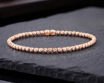 14k Rose Gold Tiger Bead Bracelet, Sterling Silver Diamond-Cut Stretch Bracelet, Fits 6.5" - 7.5" Wrists, By TILO Jewelry