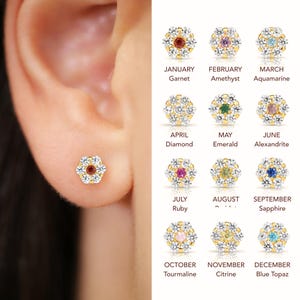 14k Yellow Gold CZ Halo Birthstone Stud Earrings, Screw Back, Available in 12 Colors, Tiny Studs, Flower Cluster Studs, Children/kids gift