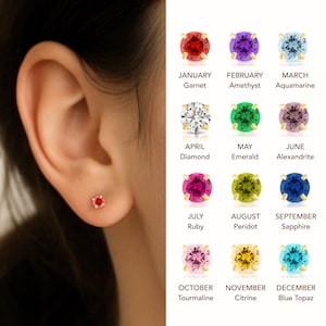 14k Gold Birthstone Stud Earrings, Sleeper Screw back CZ Studs, 3mm Size Studs, Children Earrings