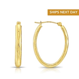 14k Gold Twisted Oval Hoop Earrings, Medium 1 Inch (25mm) Hoops, High Polished Oval Hoop Earrings, Made By TILO Jewelry