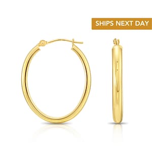 14k Gold Oval Hoop Earrings, With Half Round Tube, Medium 1 Inch (25mm) Hoop Earrings, Designed & Made By TILO Jewelry