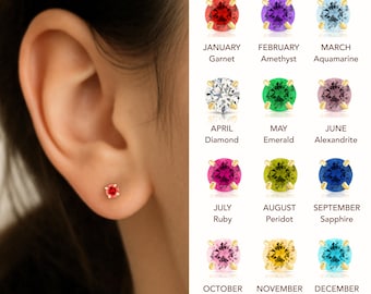 14K Gelbgold Birthstone Ohrstecker, Sleeper Schraub CZ Ohrstecker, 2,5 mm 3 mm 4 mm 5 mm, alle Birthstone Edelsteine verfügbar, von TILO