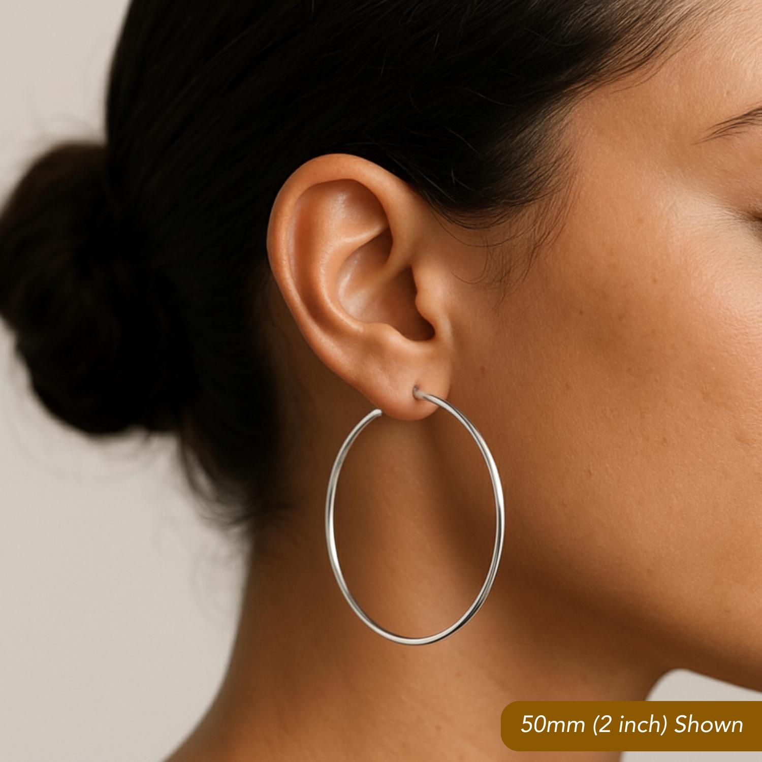14K White Gold Round Hoop Earrings, Solid 14K Gold Hoops With 
