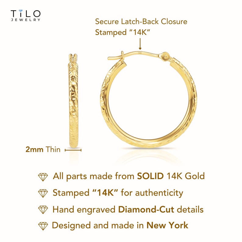 14K Gold Tornado Hoop Earrings, TILO Special Hand Engraved Designer Hoops, 14K SOLID GOLD, 1 inch (25mm), Handmade By Tilo Jewelry image 2