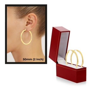 14K Gold Classic Hoop Earrings, Solid 14k Yellow and White Gold Lightweight Hoops, Bold and Classy 3mm Design 50mm (2 inch)