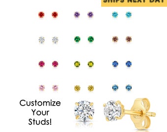 14K Yellow Gold Birthstone Stud Earrings with Butterfly Pushbackings, 4mm, All 12 Birthstone Colors, Children&#39;s Earrings, By TILO Jewelry
