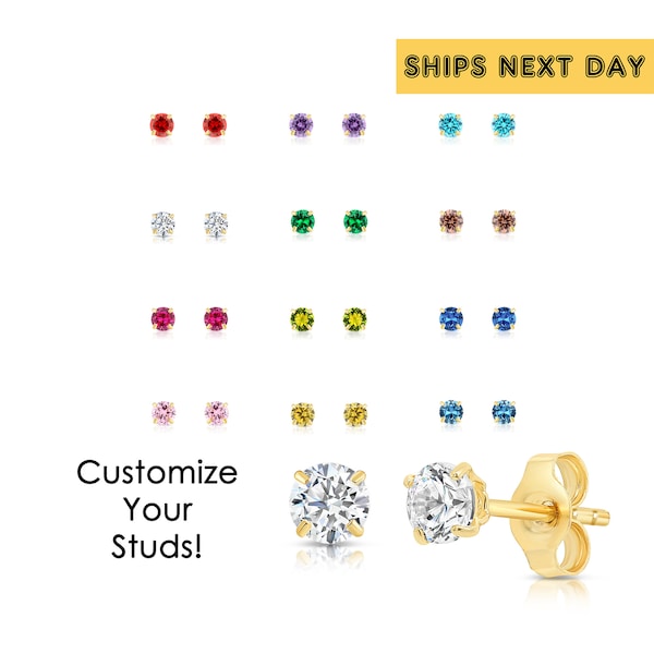 14k Gold Birthstone Stud Earrings with Butterfly Pushbackings, 4mm