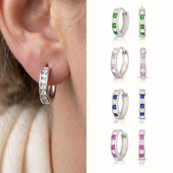 Sterling Silver CZ Huggie Hoop Earrings, Birthstone Hoop Earrings, 13mm, By TILO Jewelry